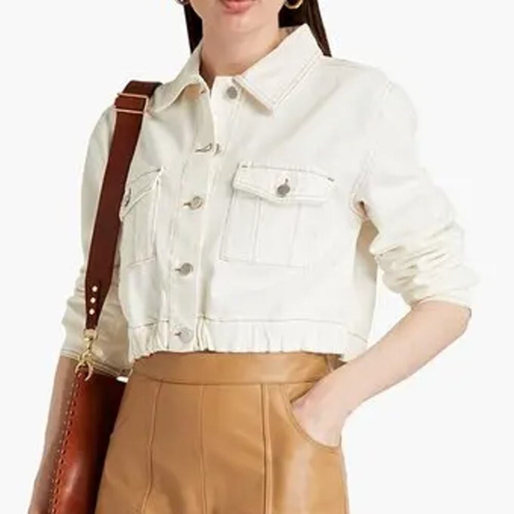 ba&sh Azalea Cropped Denim Jacket Womens XS White Button Up Front Jean Cotton